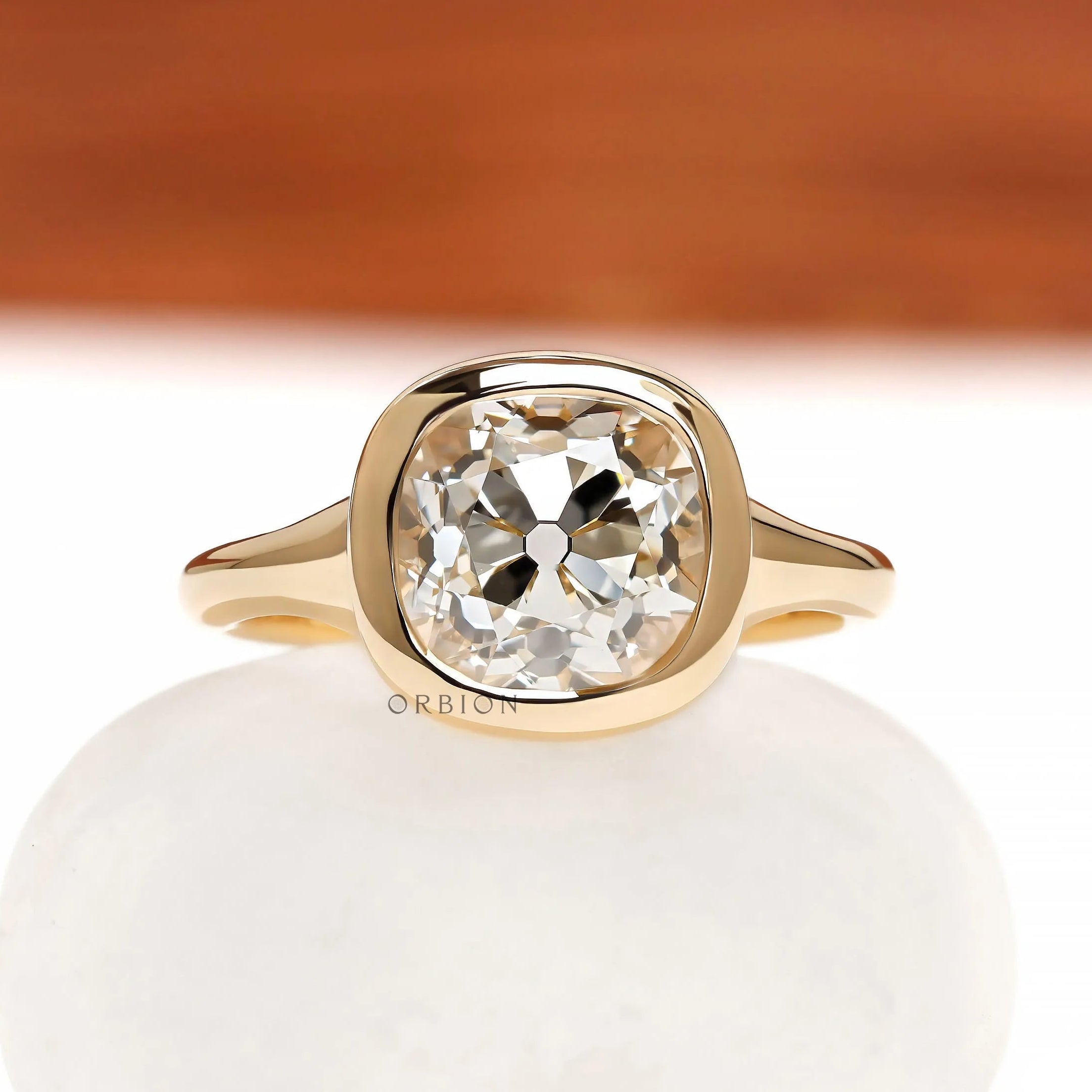 Old mine cushion lab diamond or moissanite bezel signet engagement ring in 18k yellow gold