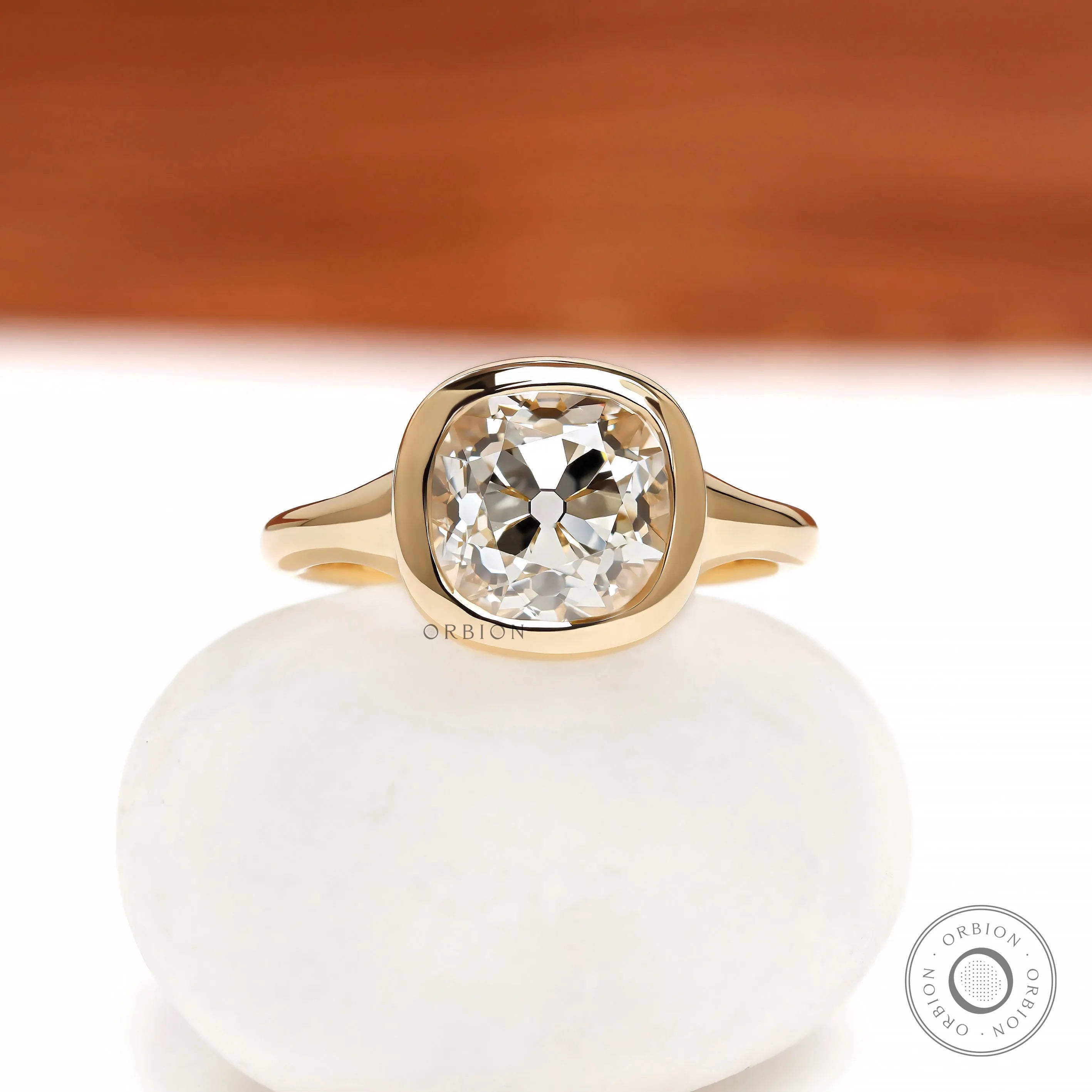 Old mine cushion lab diamond or moissanite bezel signet engagement ring in 18k yellow gold