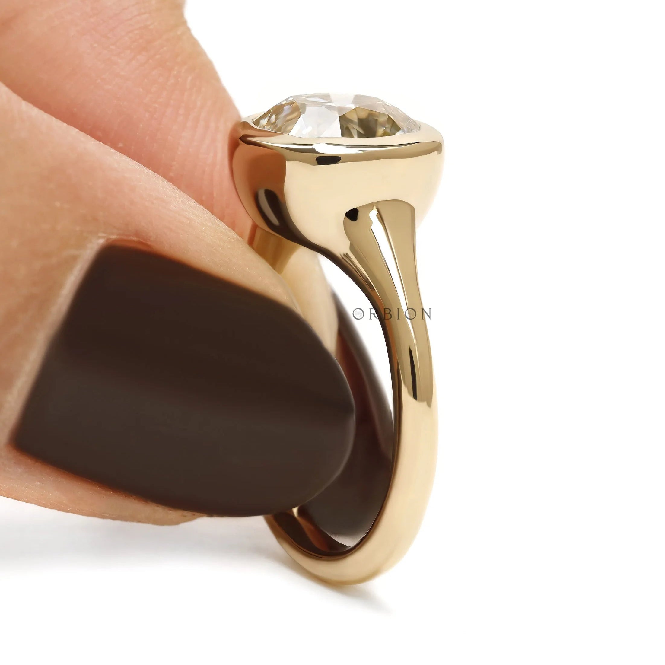 18k yellow gold bezel chunky signet ring with old mine cushion lab diamond or moissanite