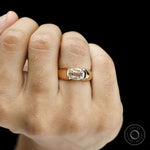 Elongated cushion moissanite signet ring for men with east west setting and chunky 14k yellow gold band