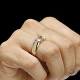 East west moissanite engagement ring for men with elongated cushion stone and bold 14k yellow gold design