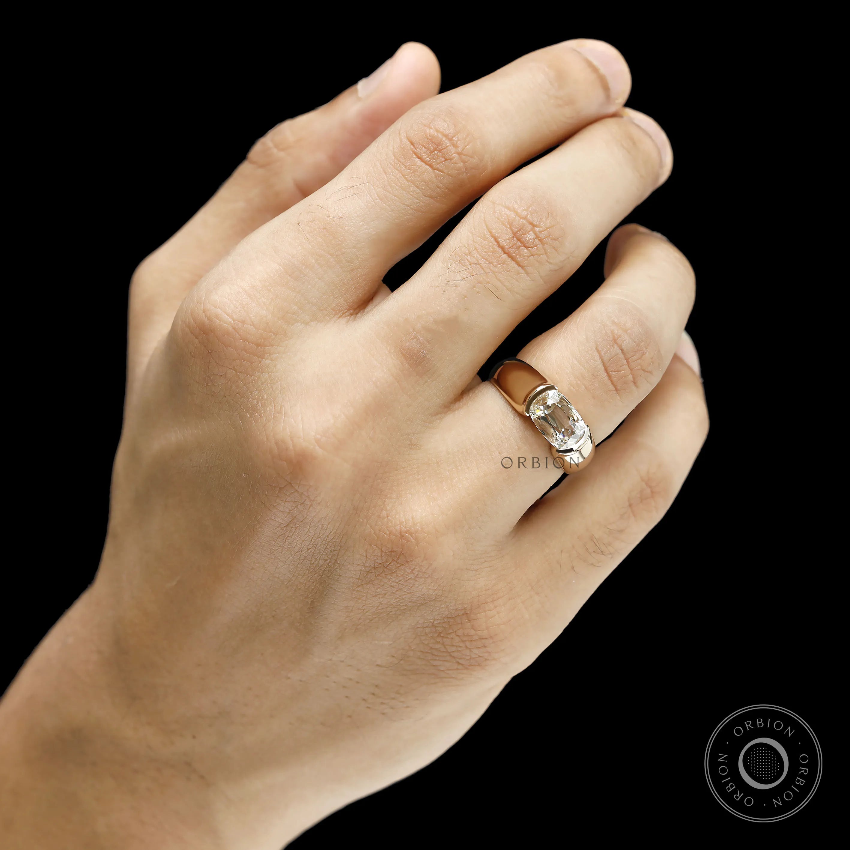 Lab grown diamond signet ring for men featuring an east west cushion stone and substantial 14k yellow gold band