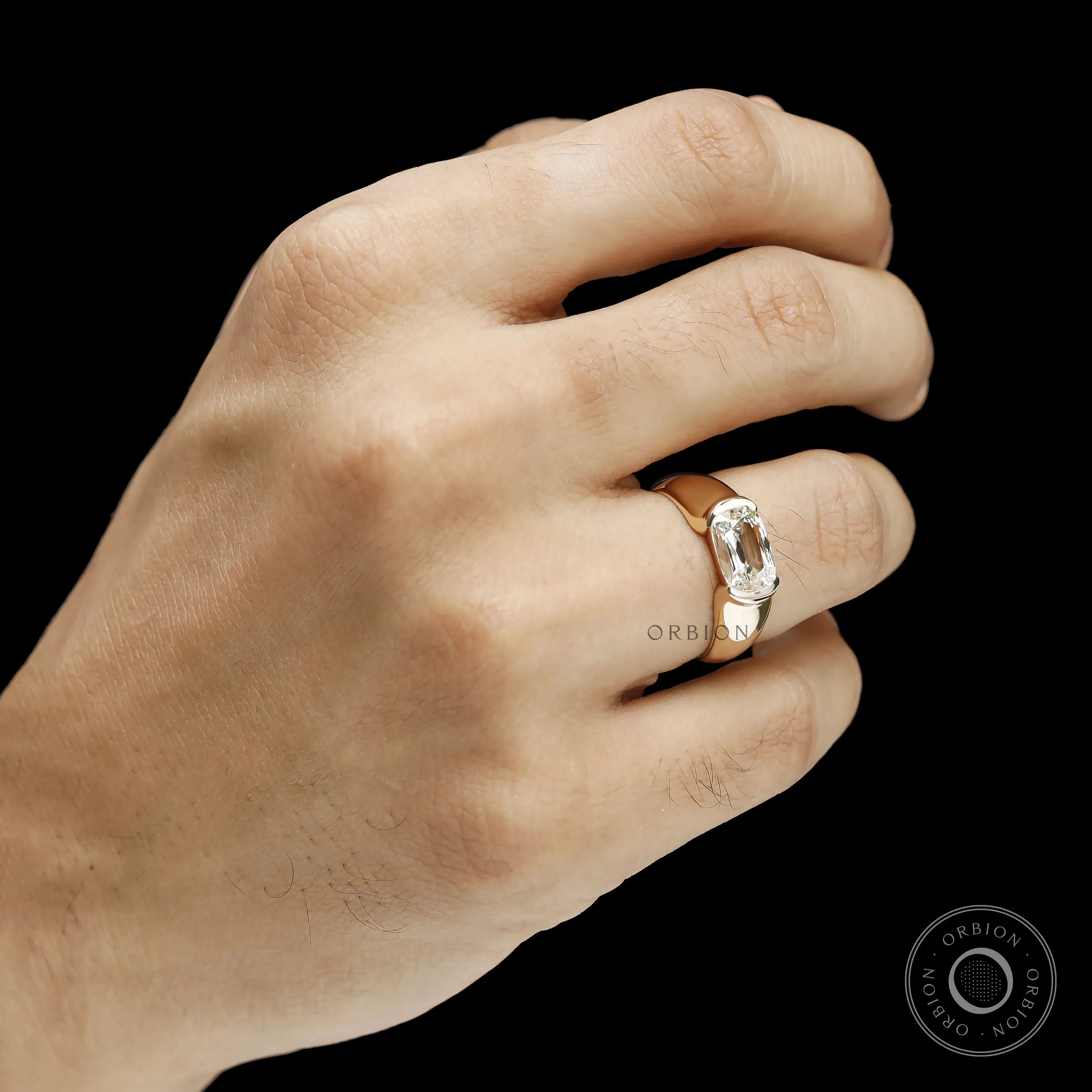 Mens 14k yellow gold promise ring with elongated cushion moissanite and modern chunky signet inspired design