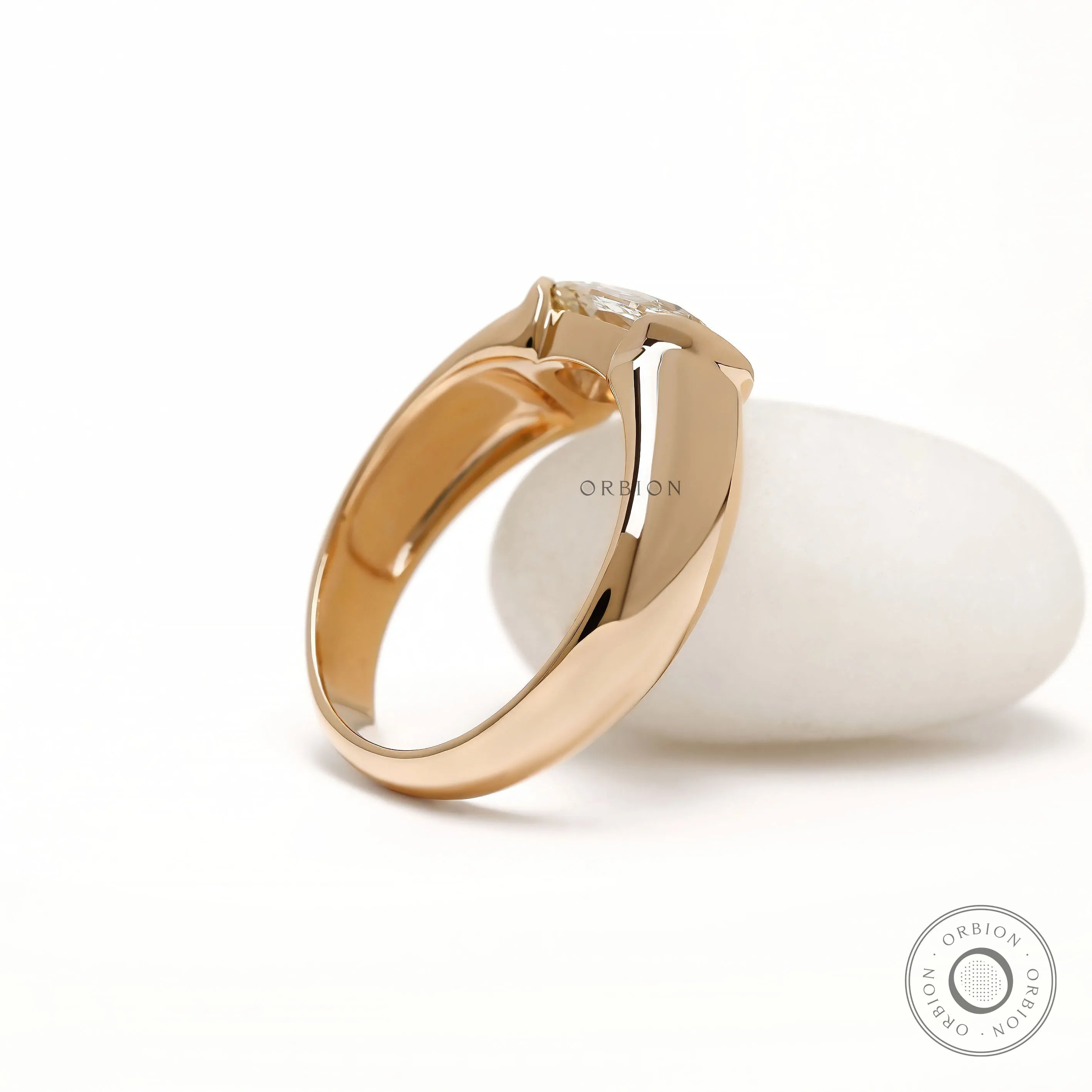 Chunky mens engagement ring in 14k yellow gold with east west elongated cushion lab grown diamond