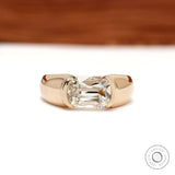 Men’s lab grown diamond engagement ring with east west elongated cushion stone and chunky 14k yellow gold half bezel setting
