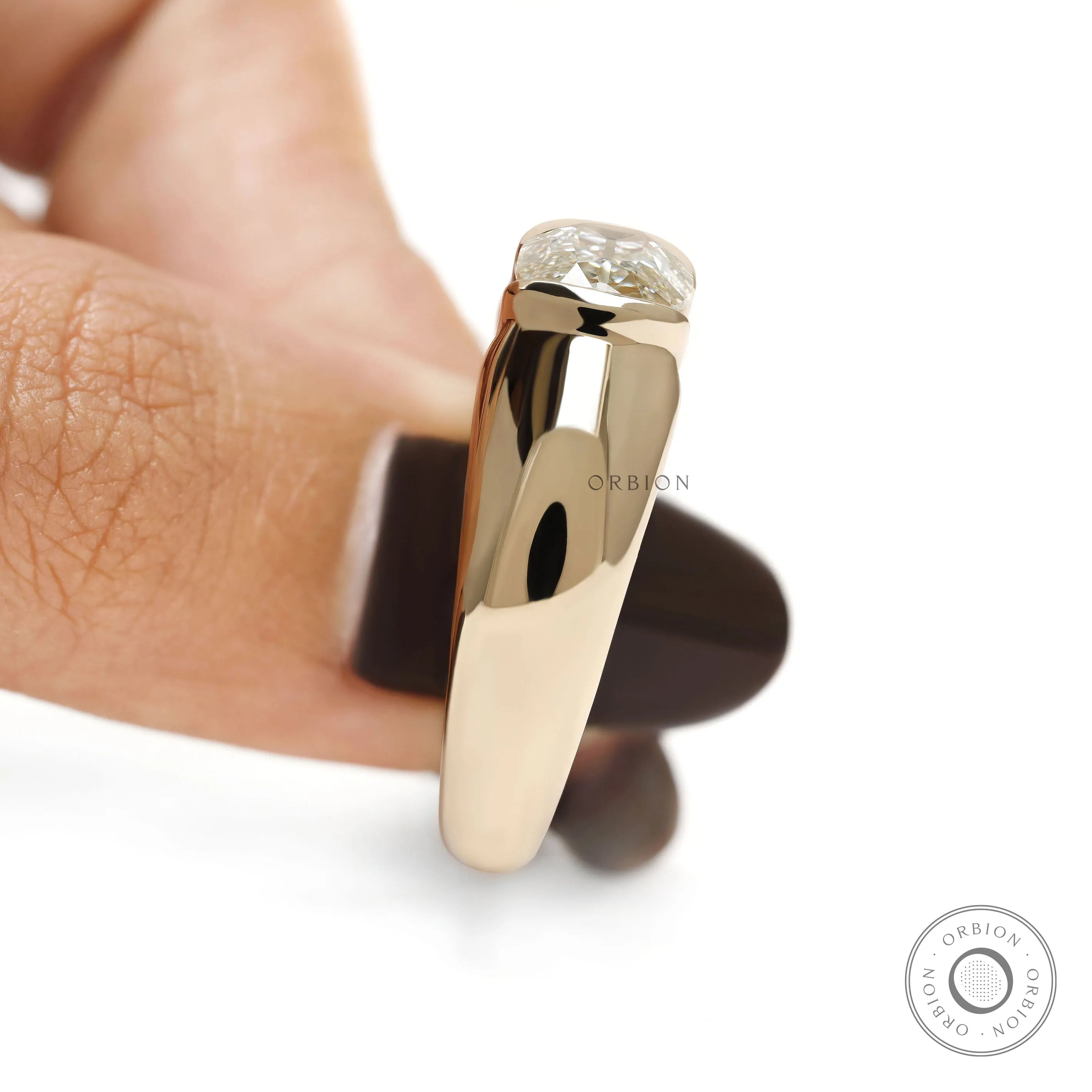 Elongated cushion lab diamond wedding ring for men with contemporary east west half bezel setting