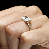 East West Radiant Cut Moissanite Sleek Half Bezel Engagement Ring, Floating Style, 14k Yellow Gold