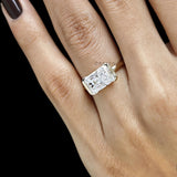 East West Radiant Cut Moissanite Sleek Half Bezel Engagement Ring, Floating Style, 14k Yellow Gold