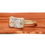 East West Radiant Cut Moissanite Sleek Half Bezel Engagement Ring, Floating Style, 14k Yellow Gold