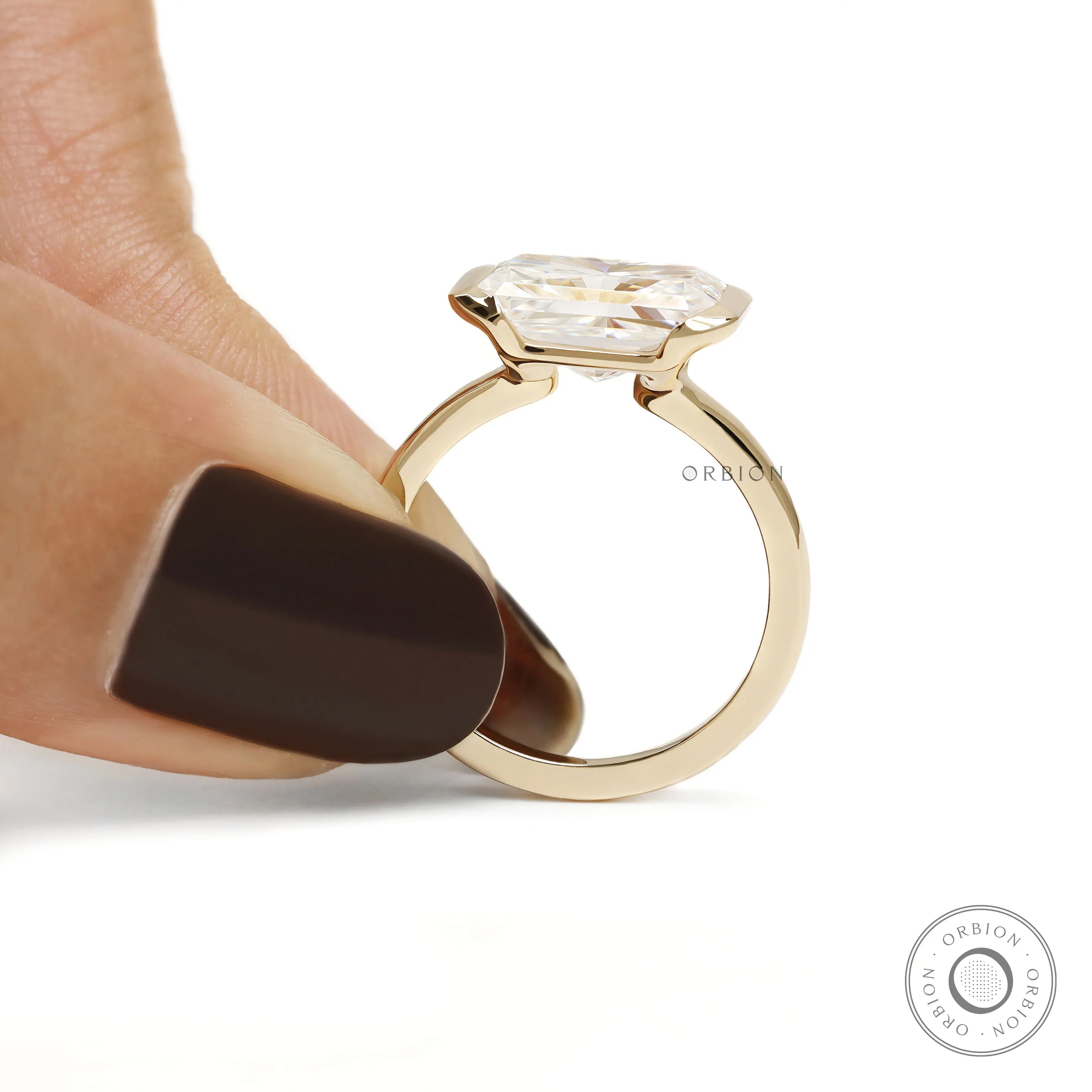 14k yellow gold floating style engagement ring featuring radiant cut moissanite or lab grown diamond 