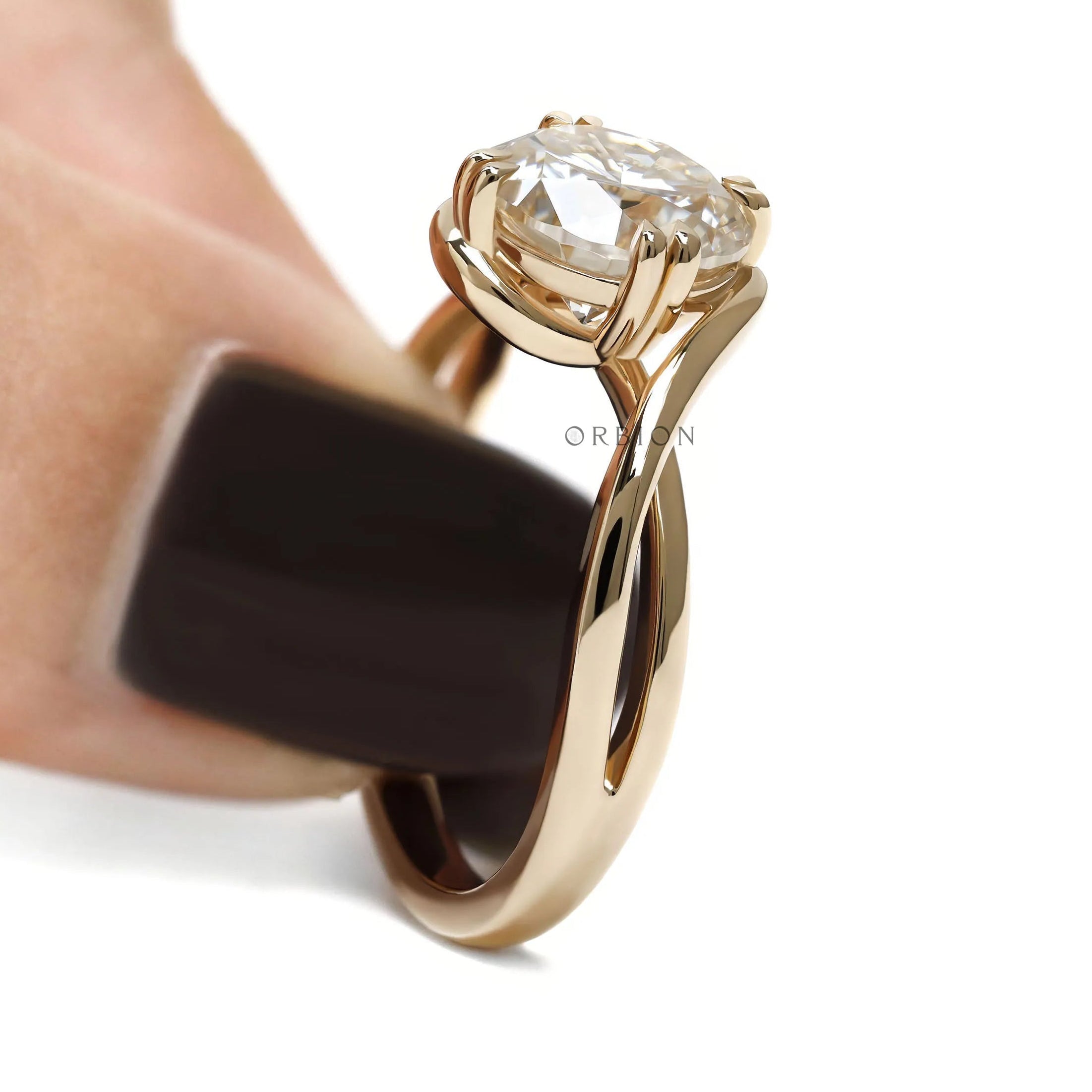 Unique 14k yellow gold bypass ring with round moissanite solitaire, crossover band