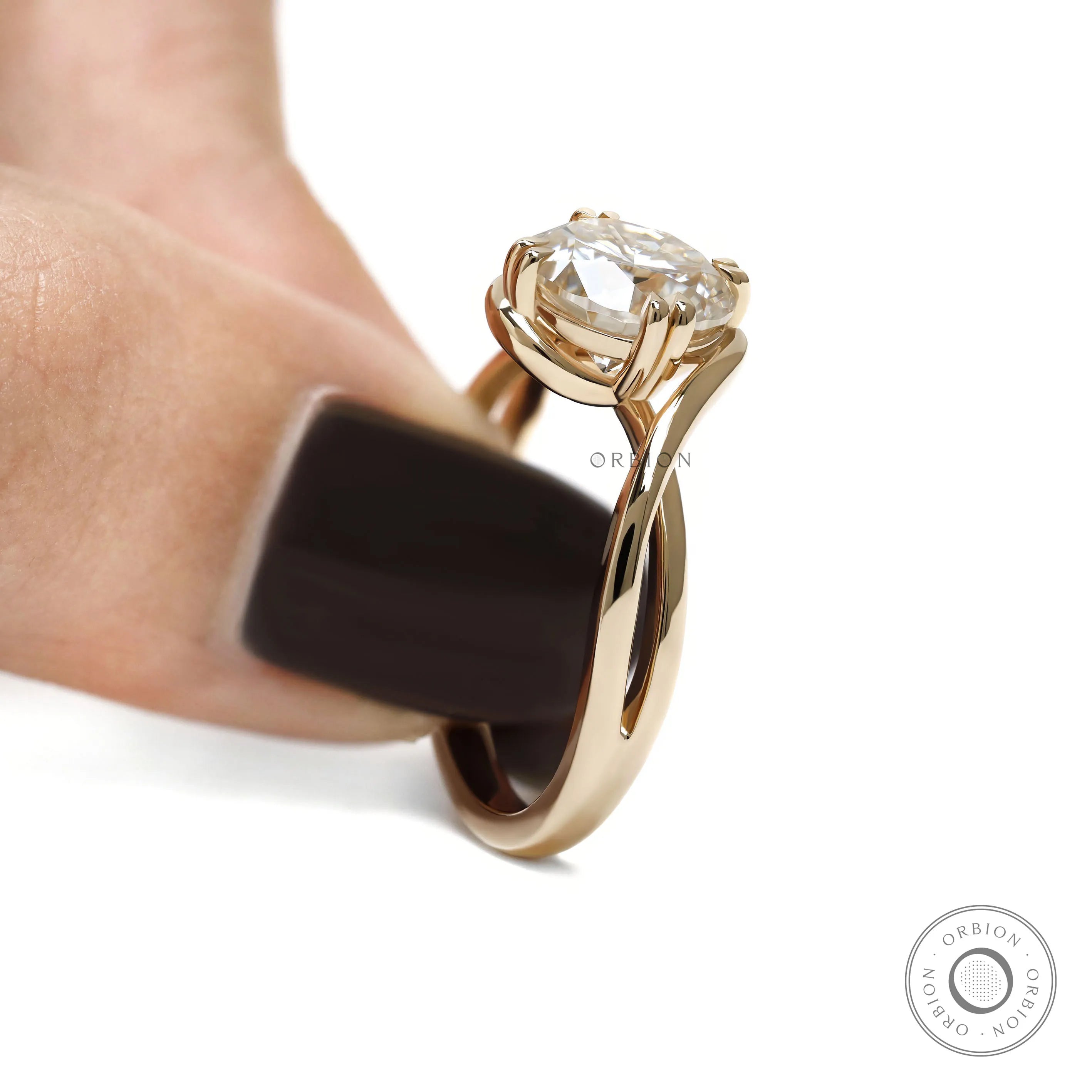 Unique 14k yellow gold bypass ring with round moissanite solitaire, crossover band