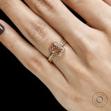 Handcrafted vintage engagement ring with pink diamond, engraved gold band and nature inspired design