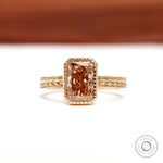 Pink diamond vintage engagement ring with engraved bezel setting, Victorian style 18k gold leaf band