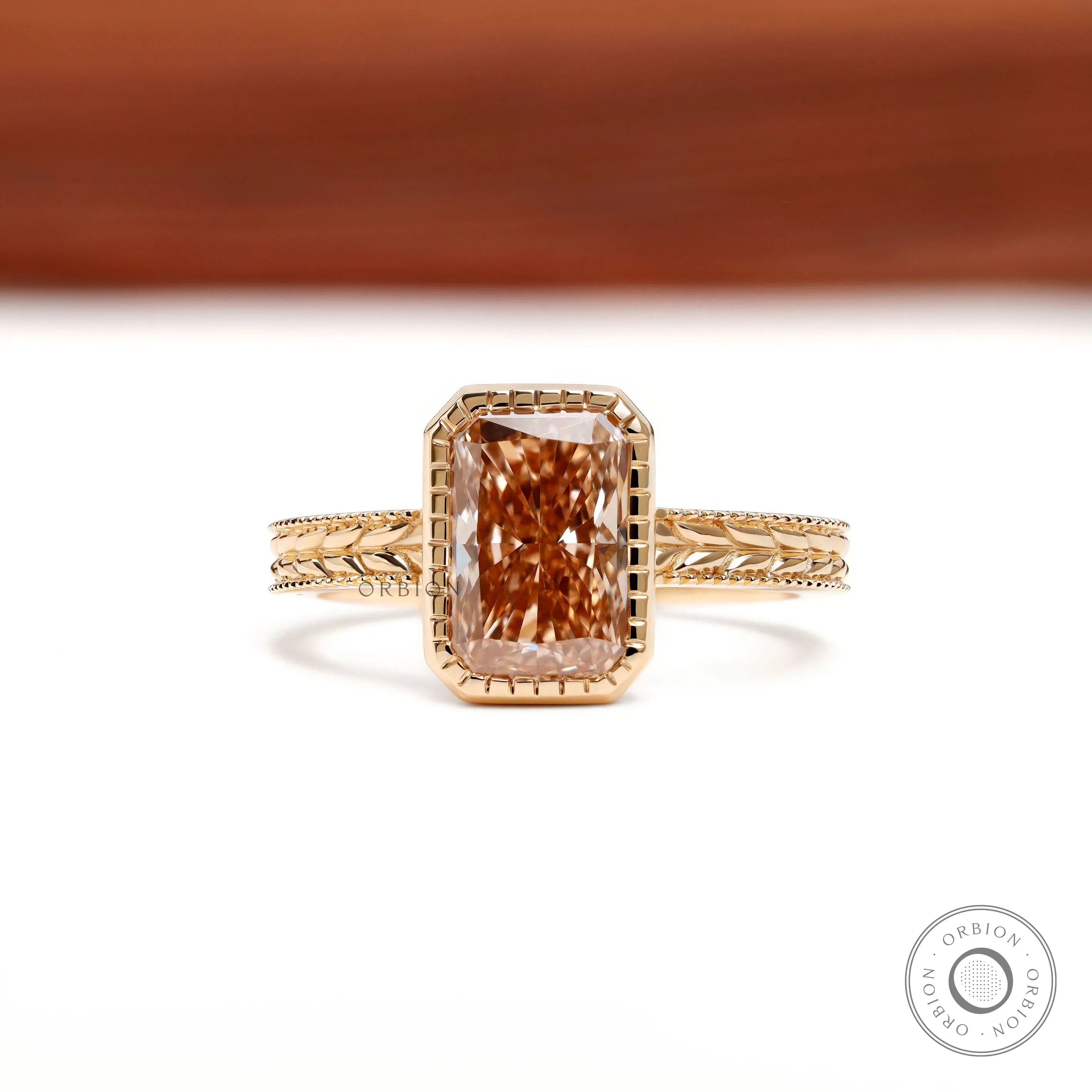 Pink diamond vintage engagement ring with engraved bezel setting, Victorian style 18k gold leaf band