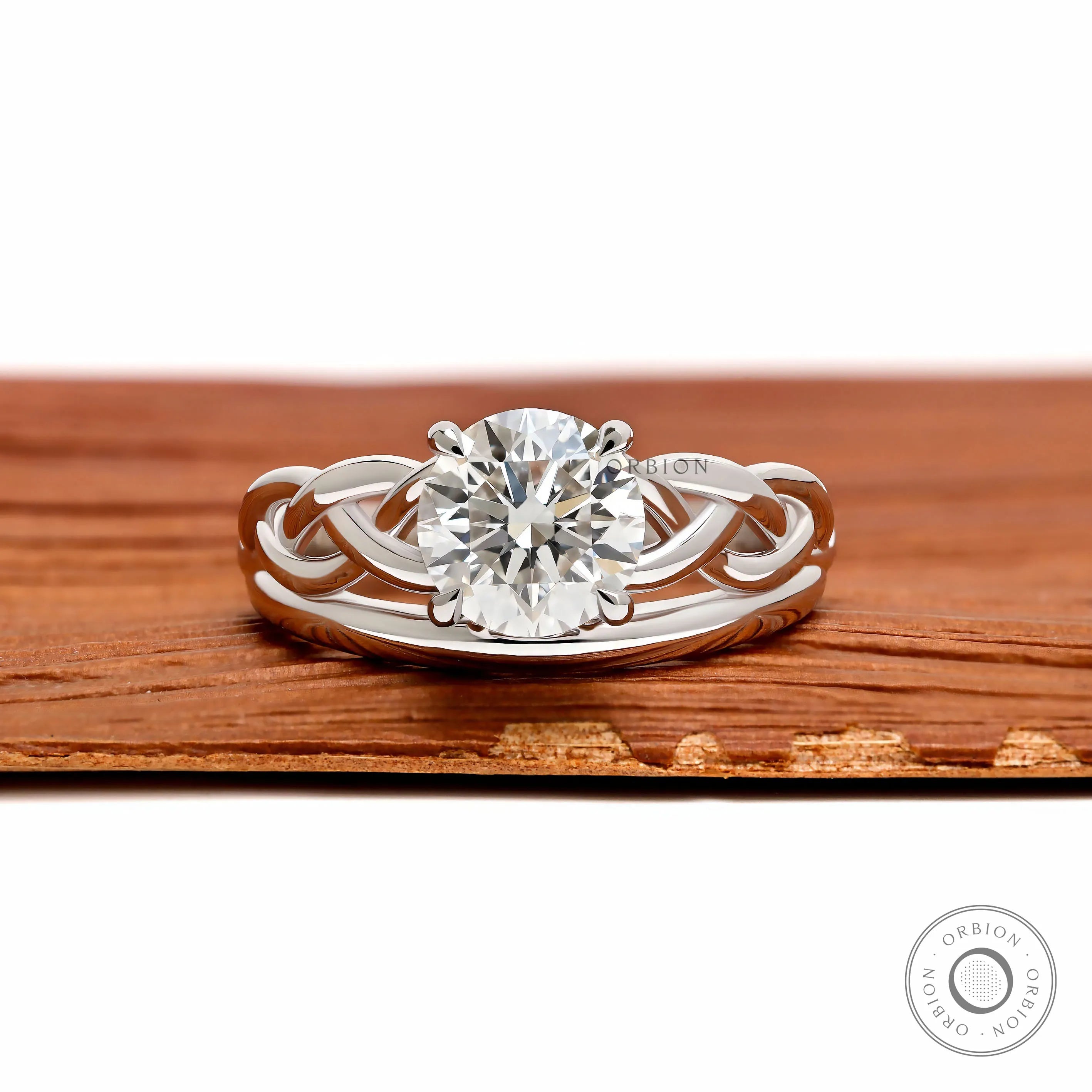 Round lab grown diamond or moissanite toi et moi ring in 14k gold with two birthstones and braided mixed shank design
