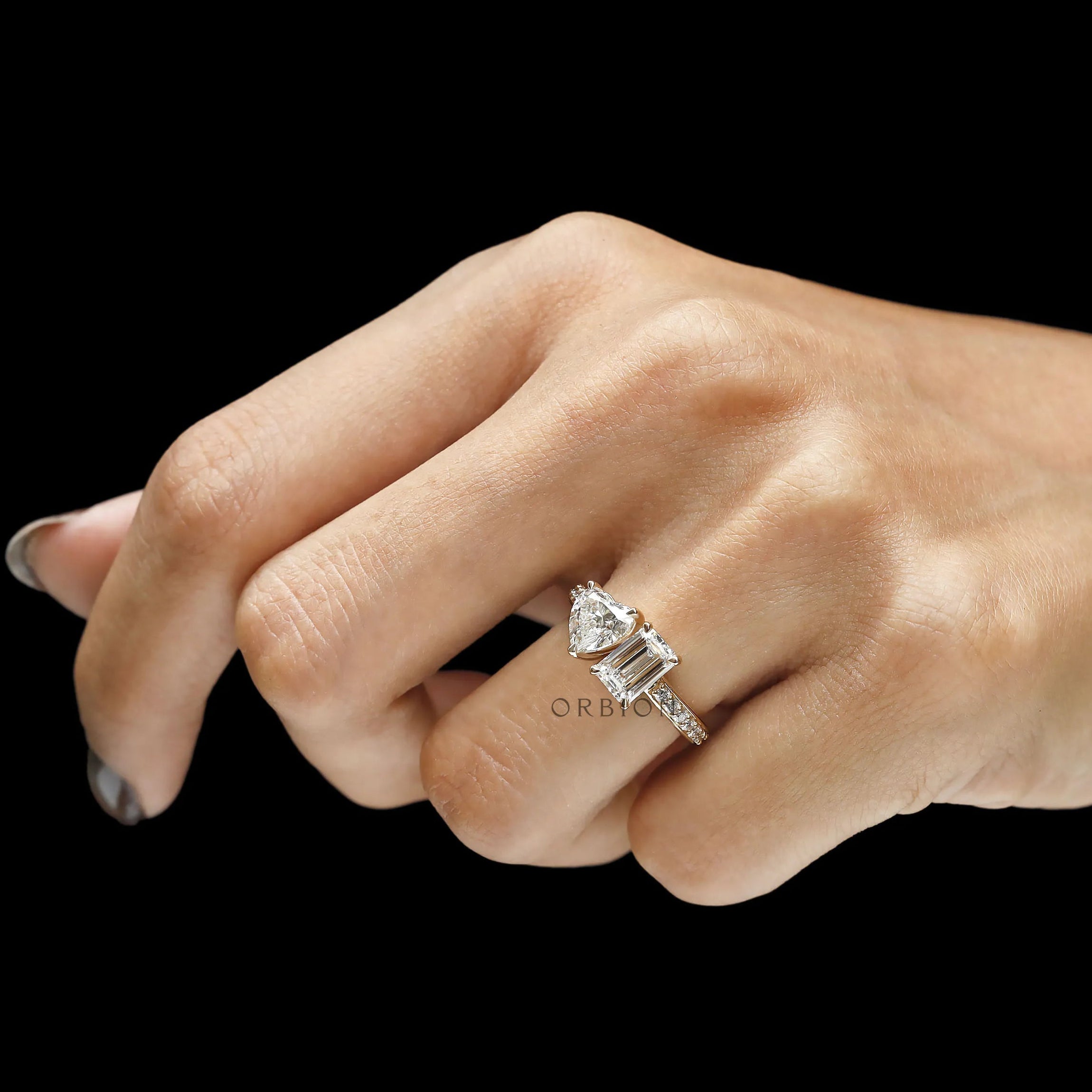 Modern Toi Et Moi lab grown diamond ring with delicate pave shank