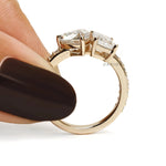Unique two stone lab grown diamond ring with pave set gold band