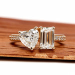 Toi Et Moi lab grown diamond engagement ring with heart and emerald cut stones