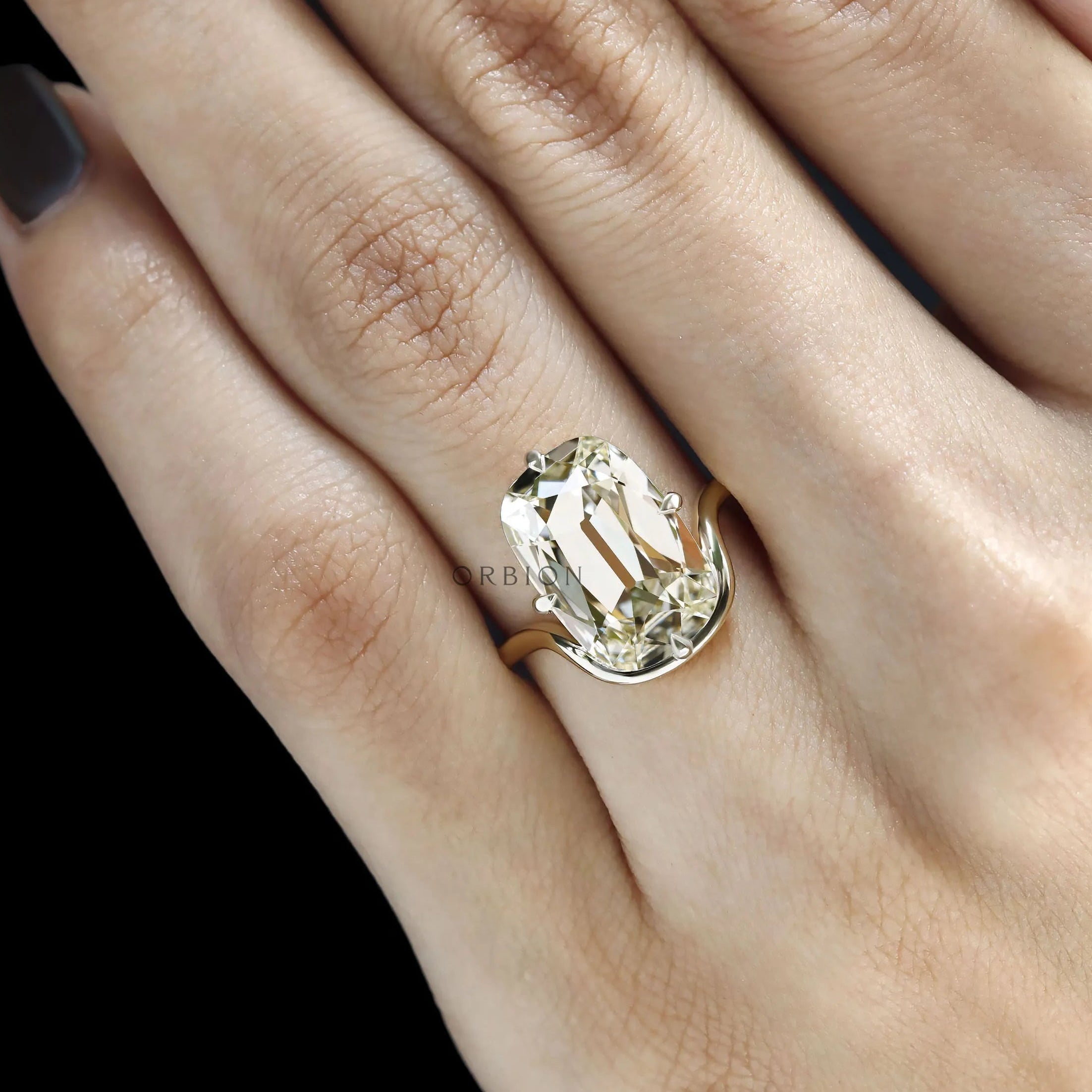 Statement Elongated Cushion Lab Diamond Ring with Unique Compass Setting