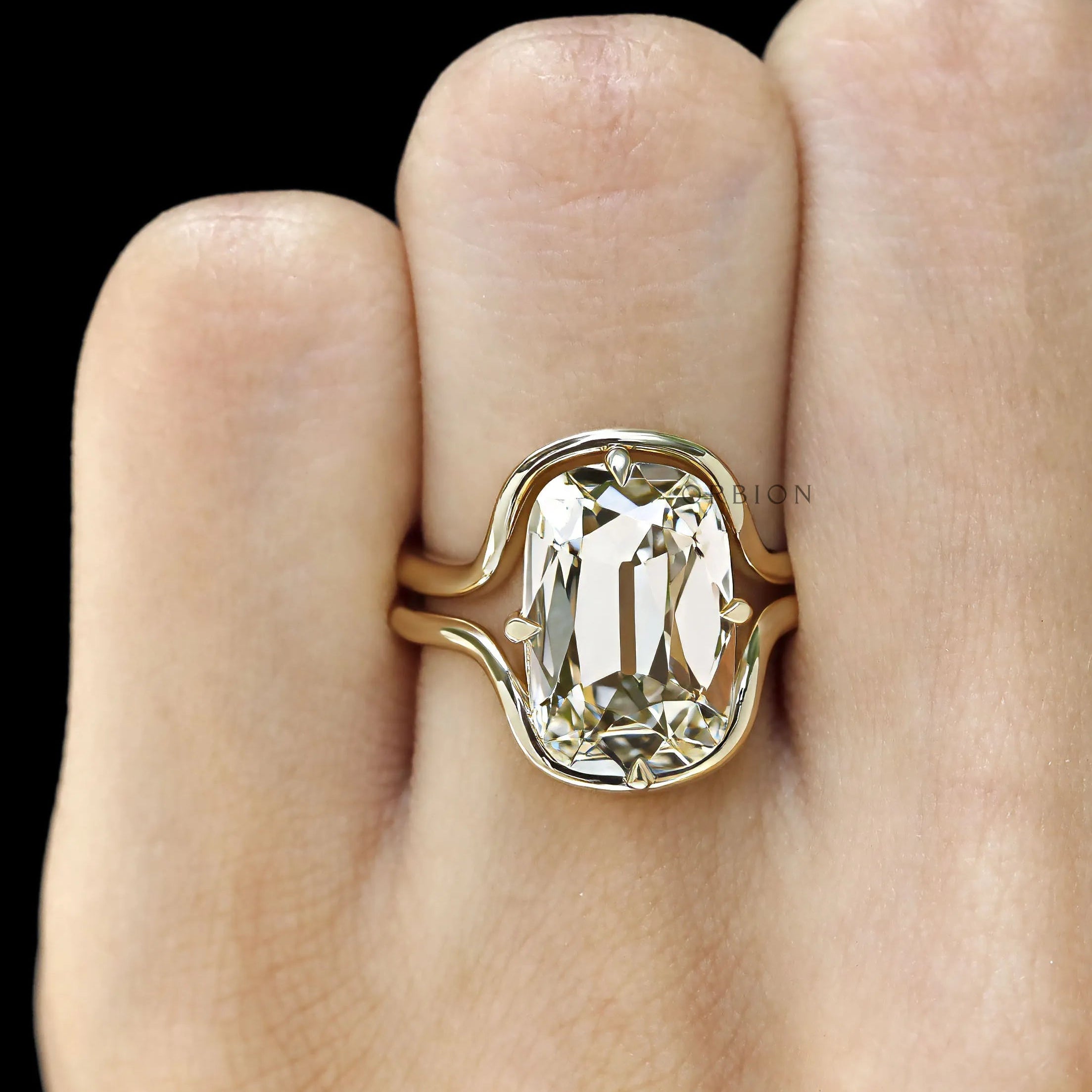 Elongated Cushion Lab Diamond Bypass Ring Set with Curved Matching Band in 14k Yellow Gold
