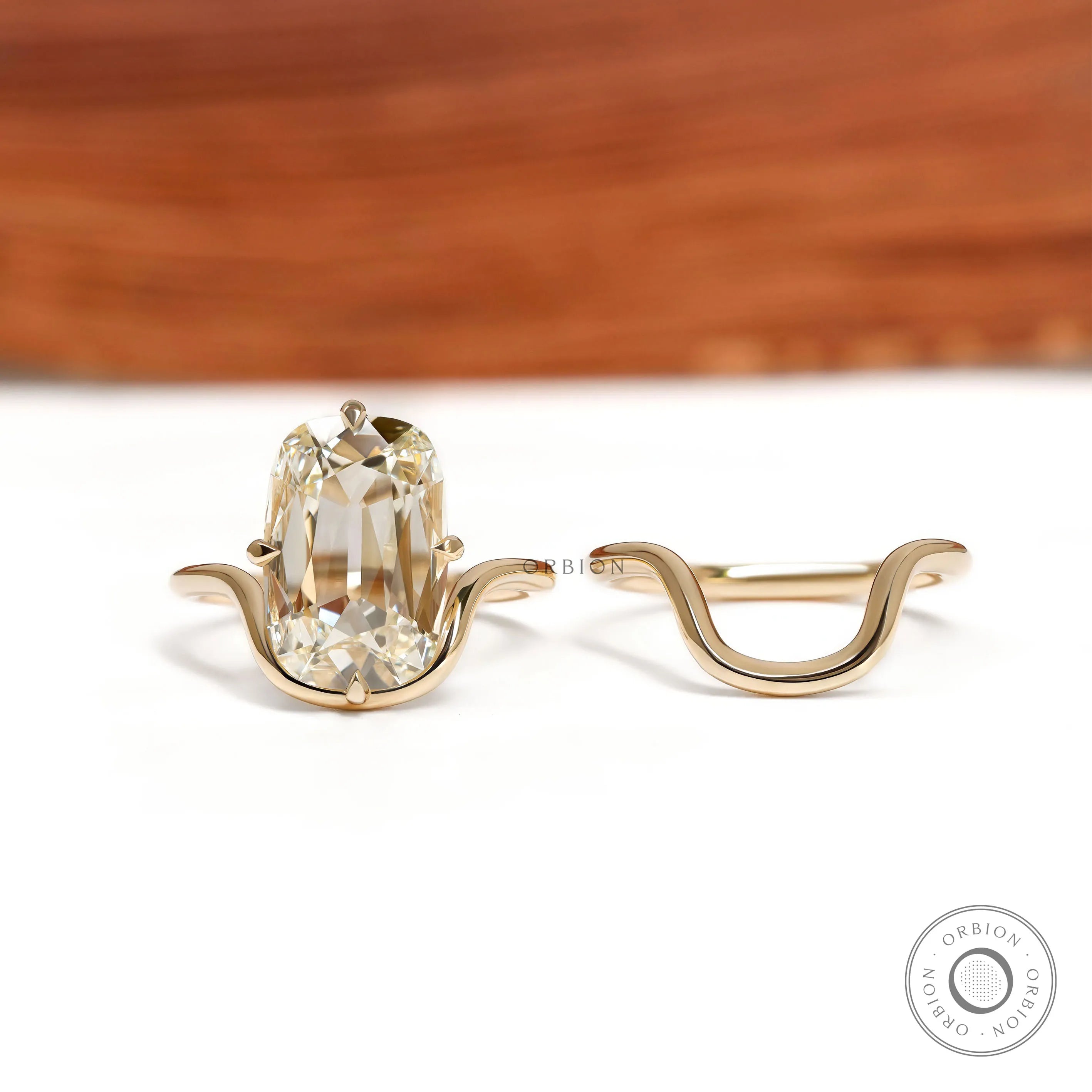 Elongated Cushion Lab Diamond Ring with Curved Matching Wedding Band