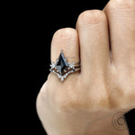 Kite cut black moissanite gothic engagement ring set with solitaire design and chevron band in platinum 950