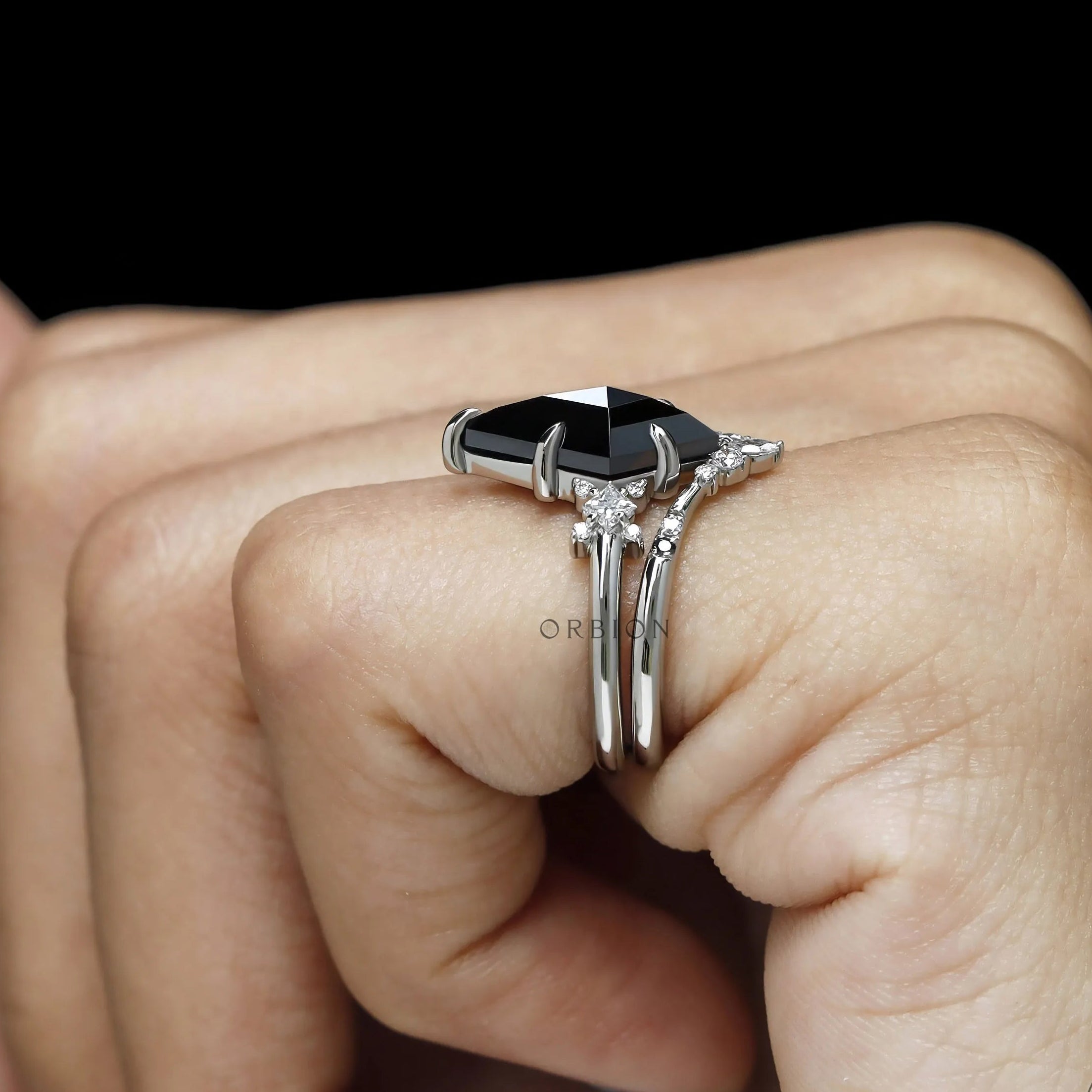 Unique wedding ring set with black moissanite kite cut gemstone and minimalist platinum V shaped band