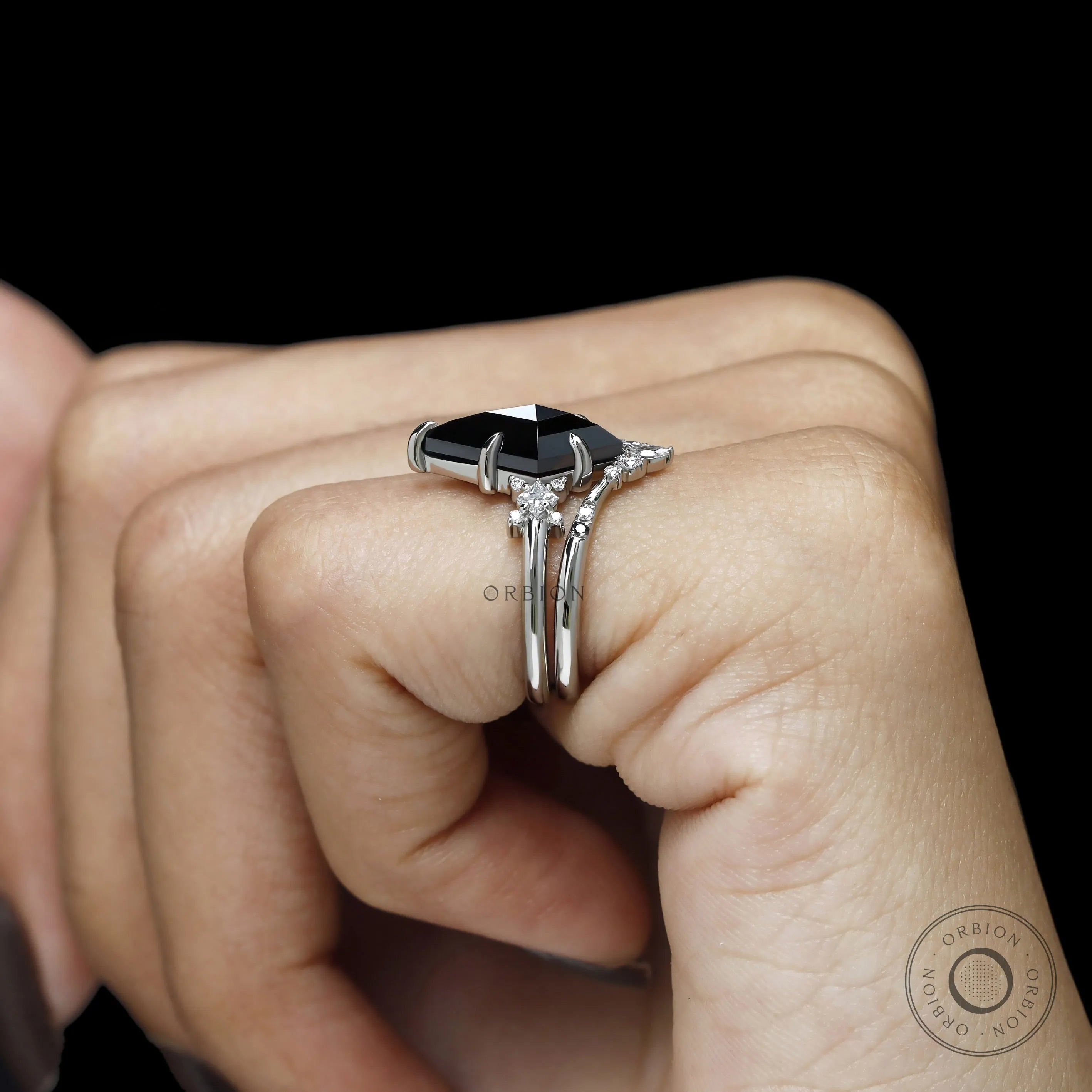 Unique wedding ring set with black moissanite kite cut gemstone and minimalist platinum V shaped band