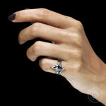 Statement black gemstone bridal ring set with kite cut moissanite and platinum wedding band design