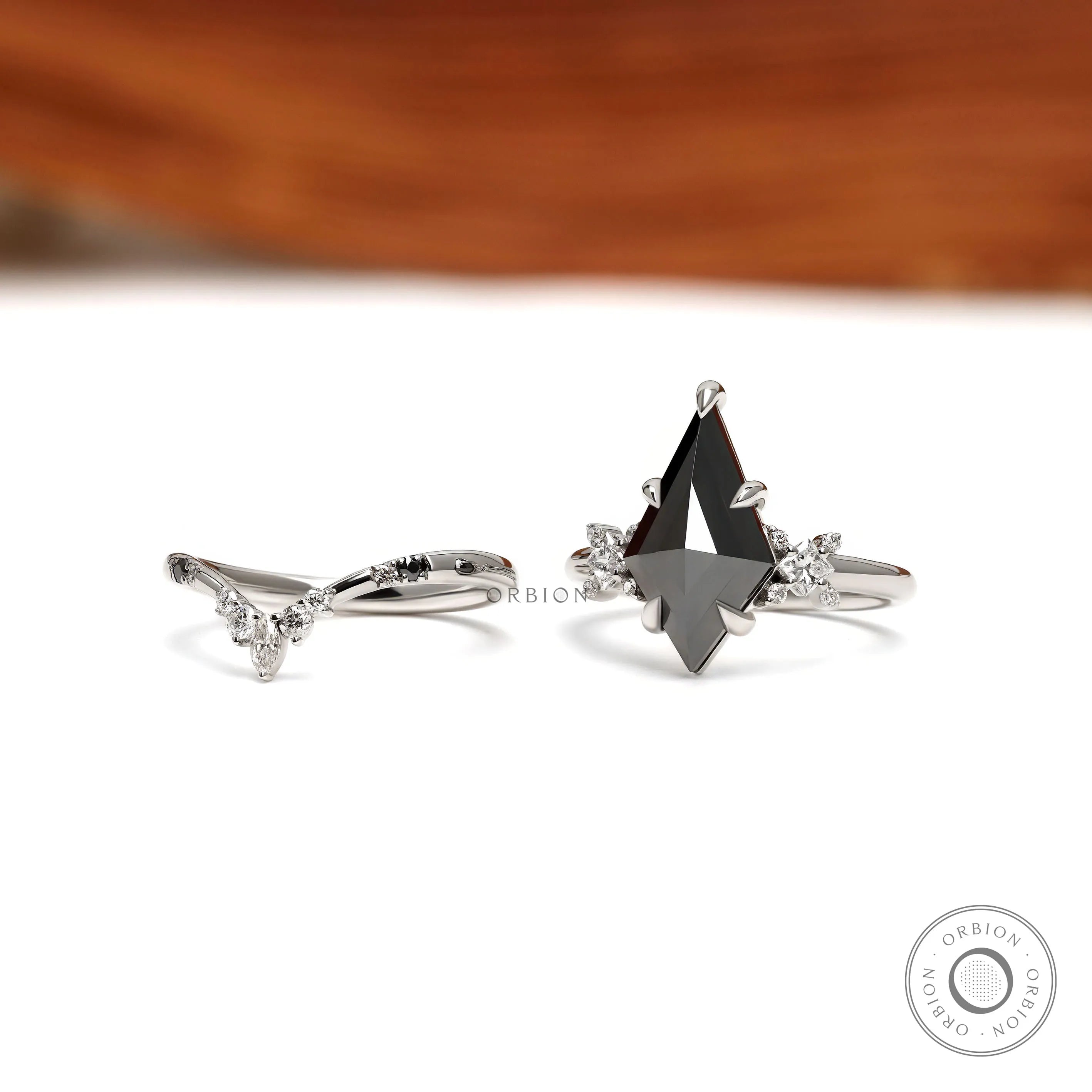 Gothic black moissanite solitaire ring with V shaped chevron band