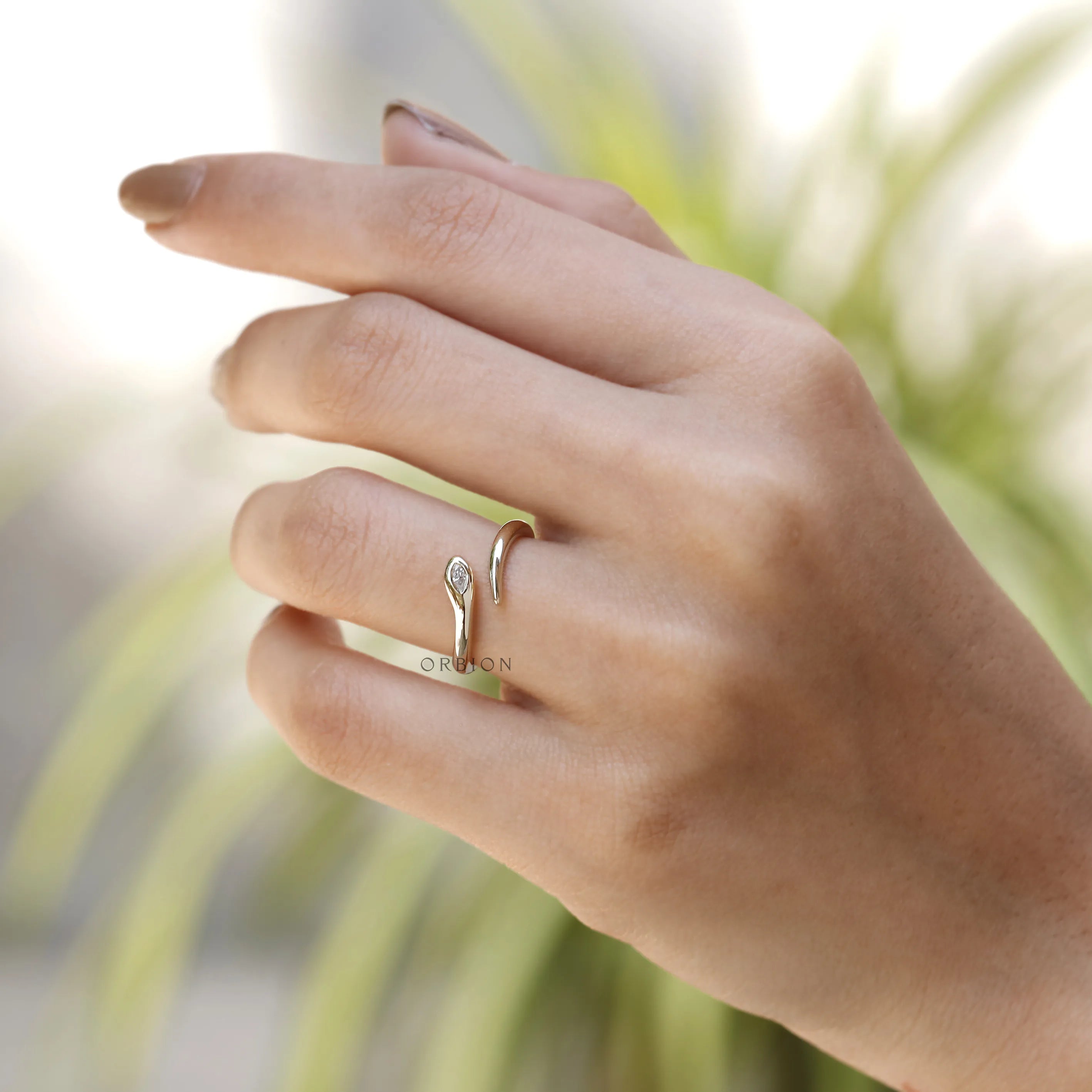 Elegant marquise lab diamond snake ring in 14k yellow gold