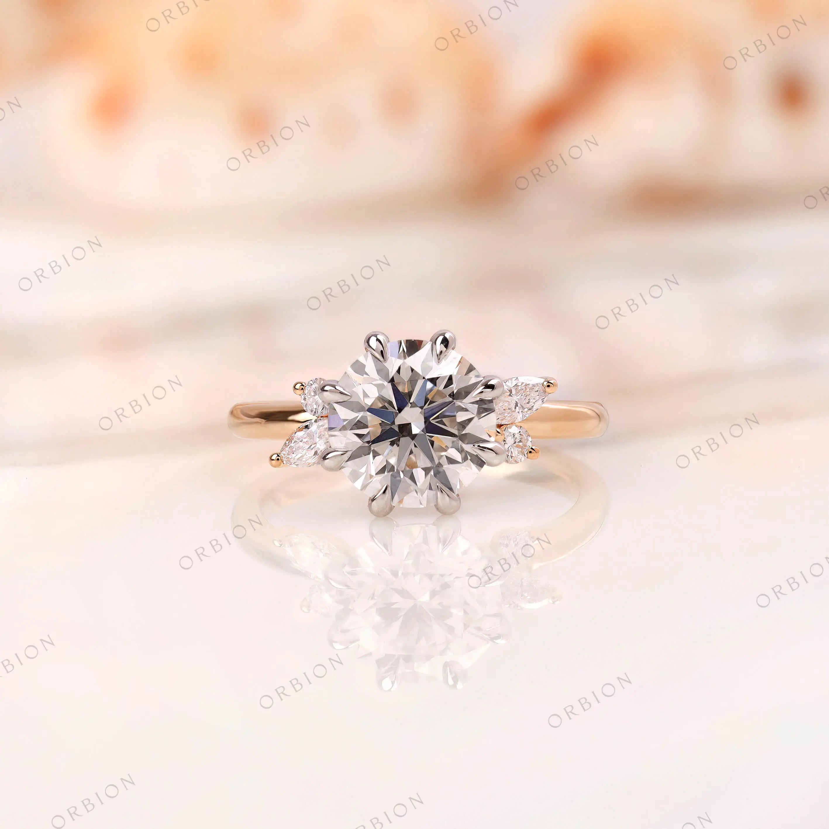 Round cut lab grown diamond cluster ring in dual tone gold front view