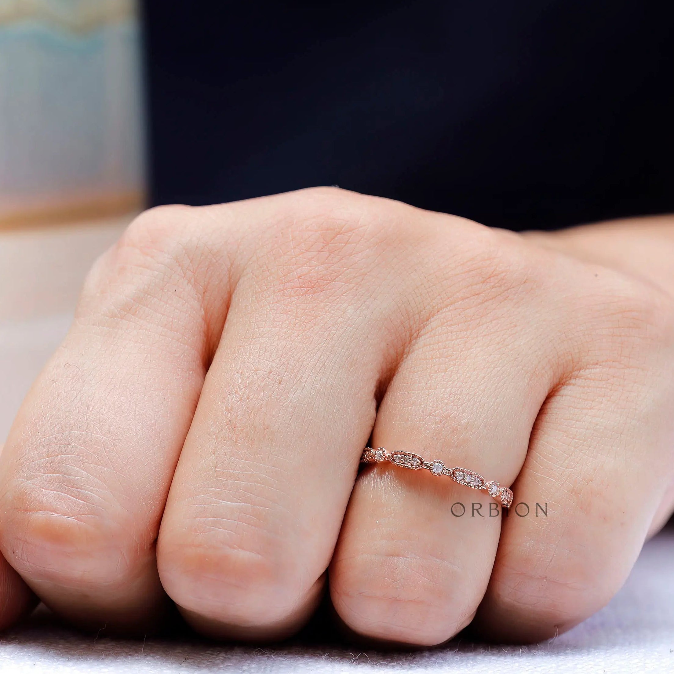 Lifestyle view of elegant moissanite wedding band