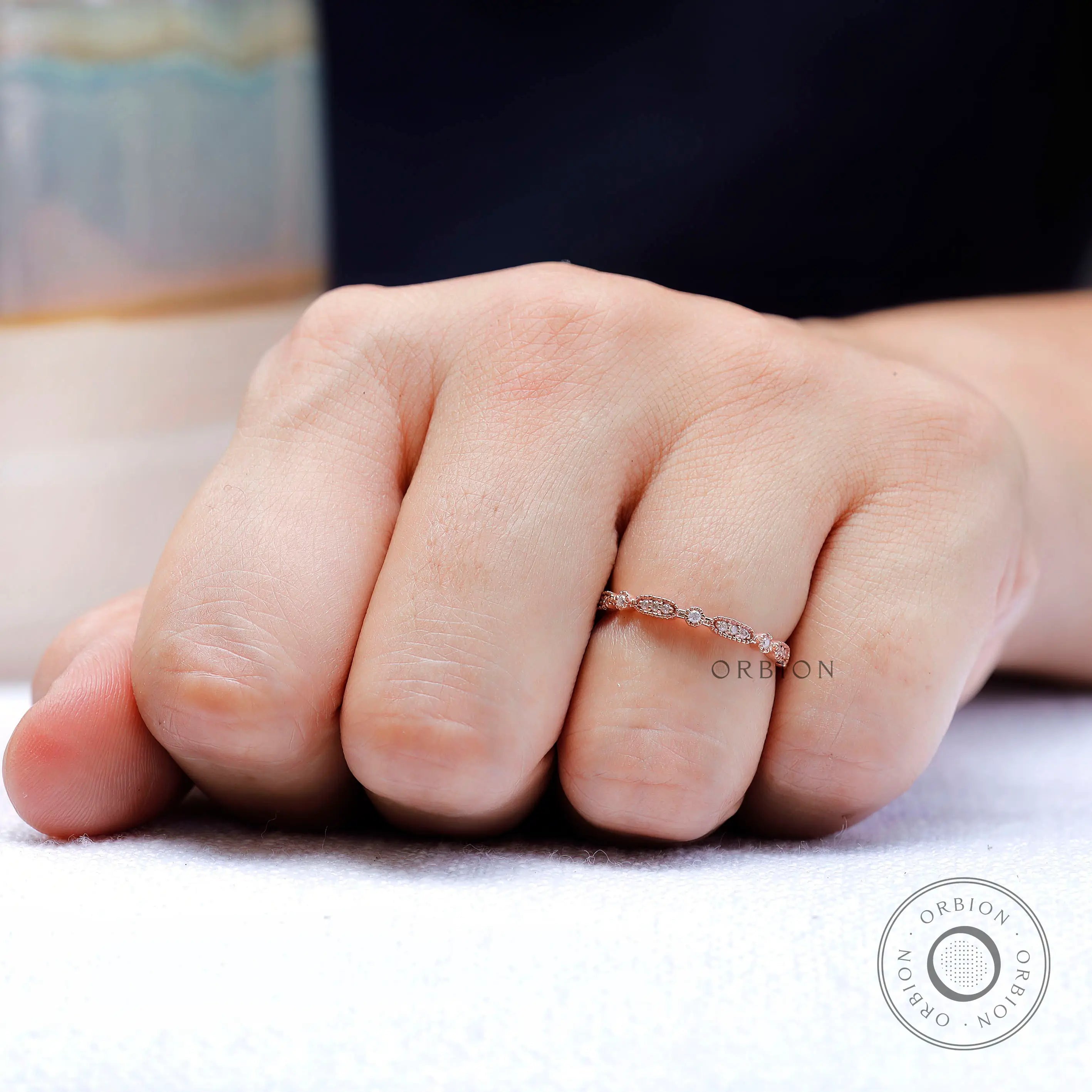 Lifestyle view of elegant moissanite wedding band