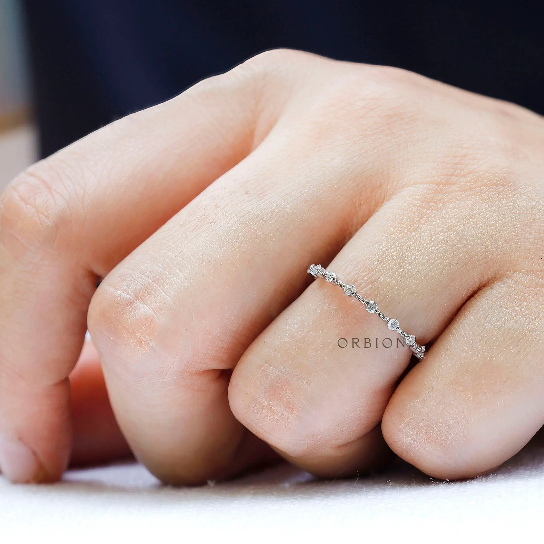 Minimalist round bubble band worn on hand, half eternity stacking ring