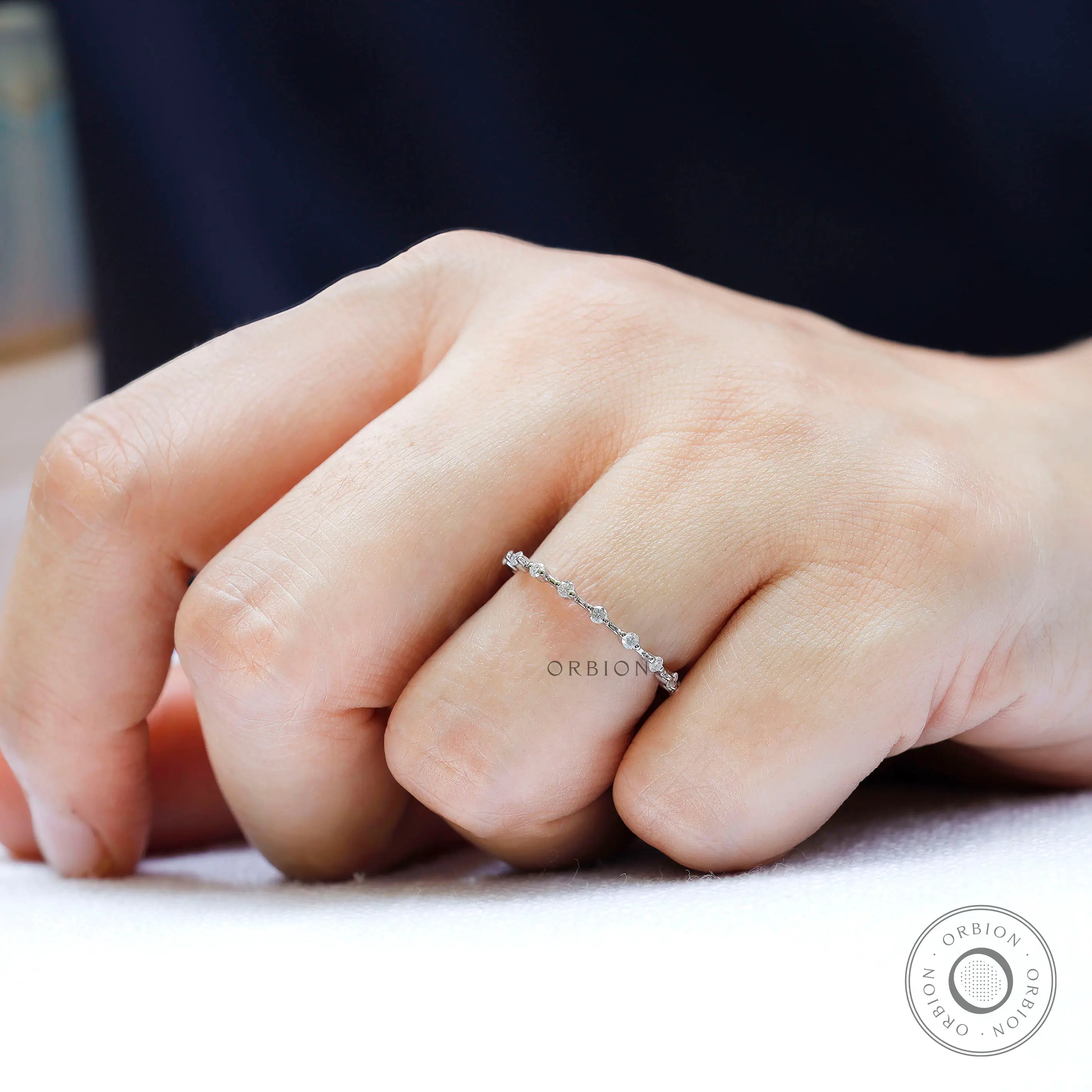 Minimalist round bubble band worn on hand, half eternity stacking ring