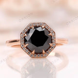 Modern Octagon Black Moissanite Ring - Chic Halo Rose Gold Ring, Elegant Claw Prong Black Stone Ring - 14K Rose Gold OEC Ring