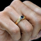 Mens Hexagon Blue Moissanite Signet Ring Flush Set 14K Solid Gold Mens Bezel Set Knife Edge Tapered Band Wedding Marriage Ring For Him