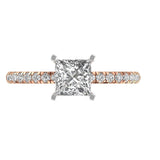 6 MM Princess Cut Moissanite 14K Two Tone White Gold  & Rose Gold Pave Band Solitaire Ring, Moissanite Engagement Ring, Wedding Ring For Her