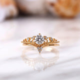 0.5 Ct Heart and Arrow Lab Grown Diamond Royal Crown Engagement Ring, 14k Gold Filigree Ring with Wedding Band, Stacking Bridal Set