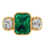 Georgian Style Emerald Ring with 6 MM OMC Moissanite Accent, 14K Brushed Gold Statement Ring, Elegant Old Mine Cut Emerald Ring
