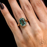 OMC Elongated Cushion Dark Green Moissanite Ring, 14k Yellow Gold Split Shank Statement Ring, Floating Style Half Bezel Color Stone Ring