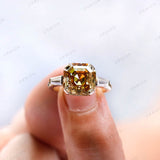 Octagon Asscher Champagne Moissanite Ring, Three Stone Engagement Ring, Tapered Baguette Accent Ring, Vintage Three Stone Ring, Gold Rings