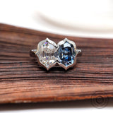 Deep Blue Elongated OMC Moissanite Toi Et Moi Ring, Double Stone Ring, Two Stone Engagement Ring, Antique Bezel 14K White Gold Ring