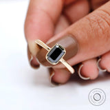1.2 CT Solitaire Black Green Emerald Cut Moissanite Ring In 10K/14K/18K Yellow Gold Unique Bezel Set Engagement Ring Black Stone Ring Women