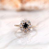 Vintage Black Round Cut Moissanite Floral Engagement Ring, Unique Black Diamond Halo Wedding Promise Ring, Old European Cut Moissanite Ring