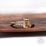 Champagne Moissanite Ring Cluster, Emerald Cut Champagne Ring, 14K Gold Cluster Ring, Baguette Accent Ring, Step Cut Ring, Anniversary Ring