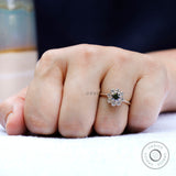 Round Cut Black Moissanite Ring Floral Halo Engagement Ring 14K Solid Yellow Gold Wedding Ring For Women OEC Ring Satin Finish Ring