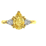 Pear Cut Champagne Three Stone Ring, Trillion Side Stone Ring, 18K Yellow Gold Trellis Setting With Claw Prongs Engagement Ring